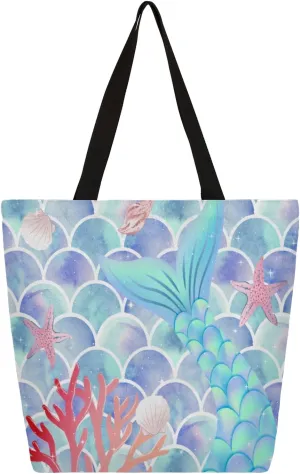 Scale Coral Starfish Large Capacity Canvas Tote Bag Stylish Handheld Shoulder Bag Reusable Shopping Bag for Work Travel Beach Trips Shopping