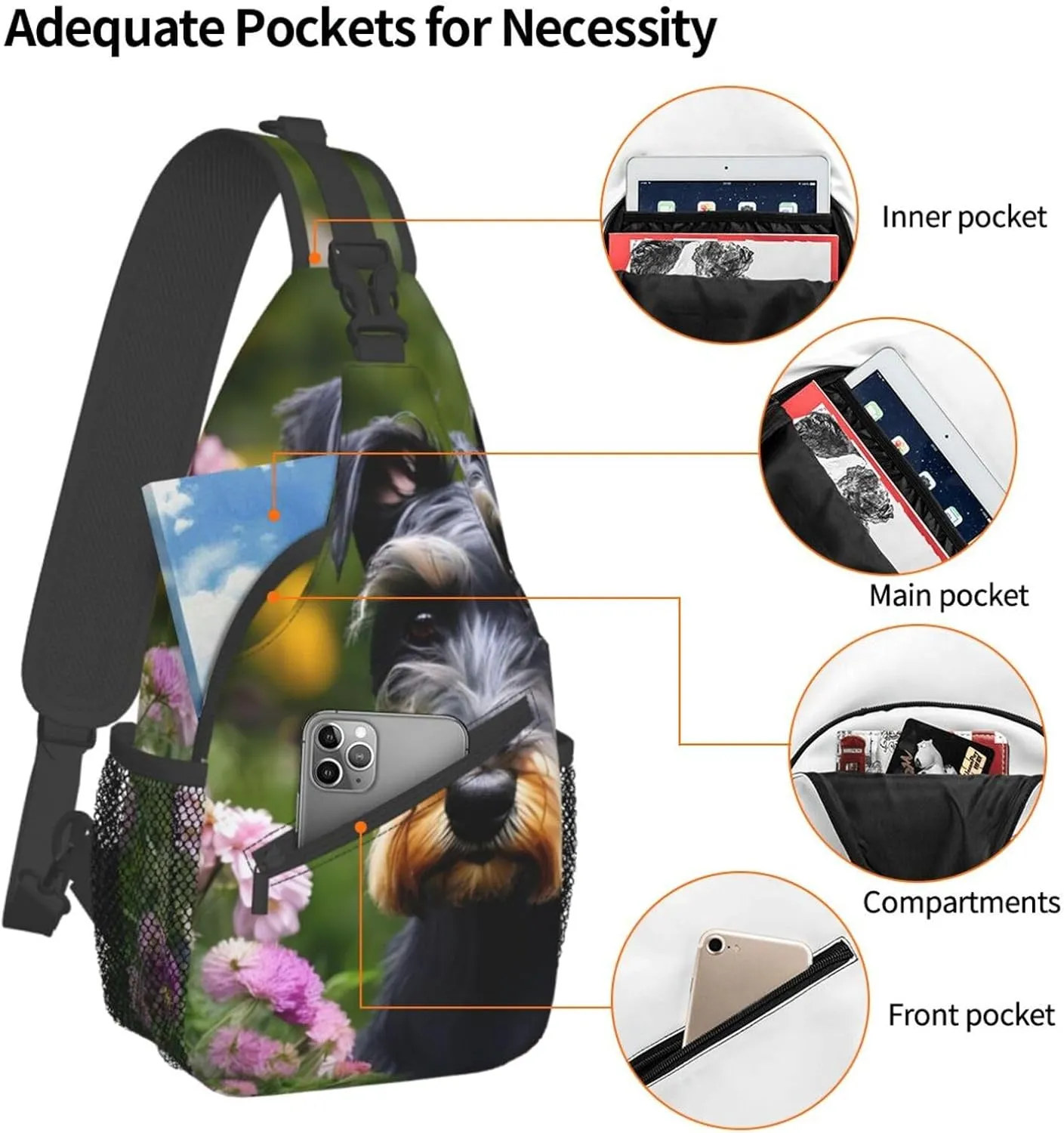 Schnauzer Unisex Casual Diagonal Chest Bag,Multipurpose Crossbody Shoulder Bag Travel Hiking Daypack