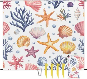 Sea Shell Starfish Beach Blanket, Sandproof Beach Mat, 68 x 59 Waterproof Quick Drying Sand Free Mat with 4 x Ground Spikes for Outdoor Travel Camping Hiking, Nautical Ocean