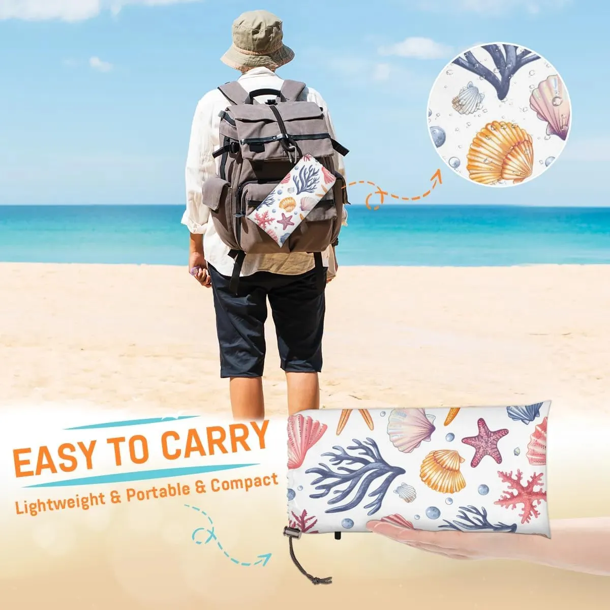 Sea Shell Starfish Beach Blanket, Sandproof Beach Mat, 68 x 59 Waterproof Quick Drying Sand Free Mat with 4 x Ground Spikes for Outdoor Travel Camping Hiking, Nautical Ocean