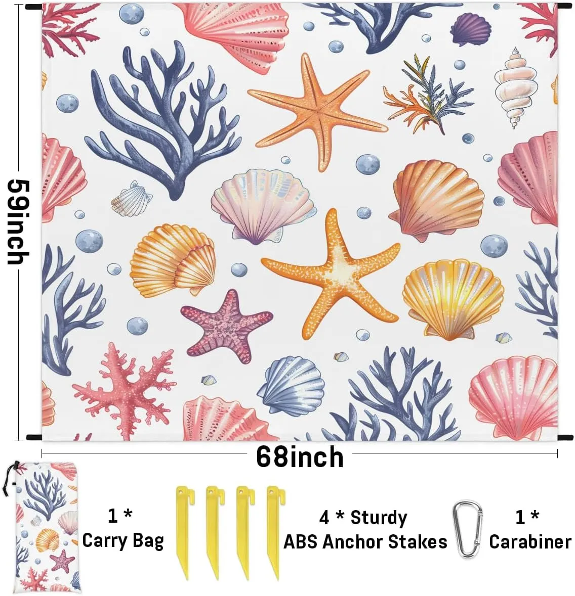 Sea Shell Starfish Beach Blanket, Sandproof Beach Mat, 68 x 59 Waterproof Quick Drying Sand Free Mat with 4 x Ground Spikes for Outdoor Travel Camping Hiking, Nautical Ocean