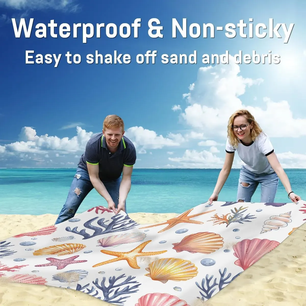 Sea Shell Starfish Beach Blanket, Sandproof Beach Mat, 68 x 59 Waterproof Quick Drying Sand Free Mat with 4 x Ground Spikes for Outdoor Travel Camping Hiking, Nautical Ocean