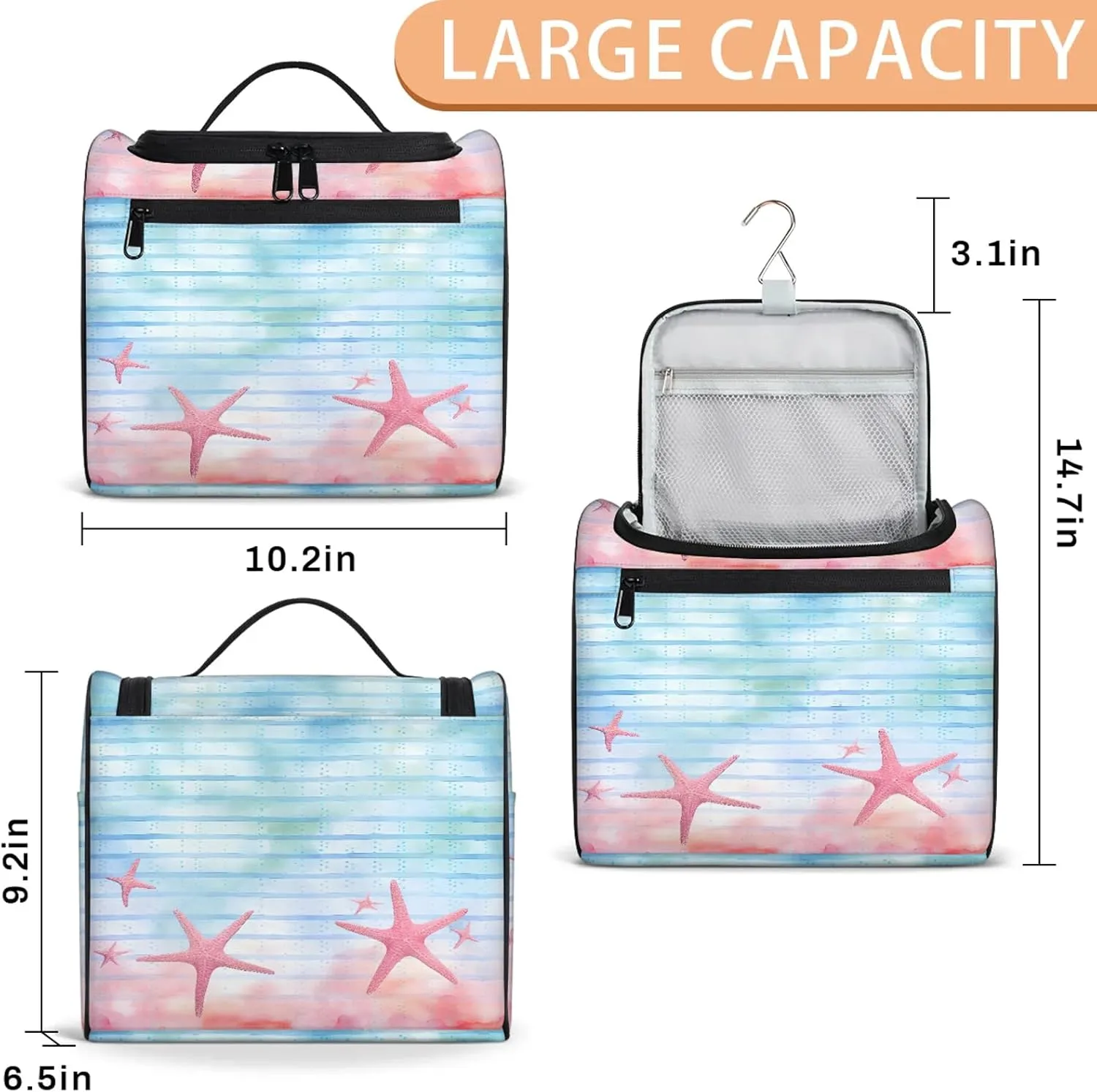 Sea Starfish Large Makeup Bag Travel Make Up Organizer for Women Girls Cosmetic Bag Organizer With Handle