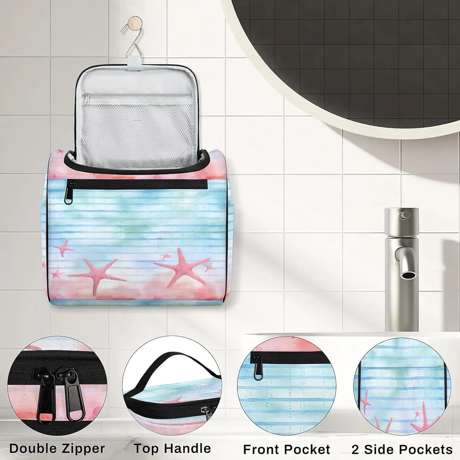 Sea Starfish Large Makeup Bag Travel Make Up Organizer for Women Girls Cosmetic Bag Organizer With Handle