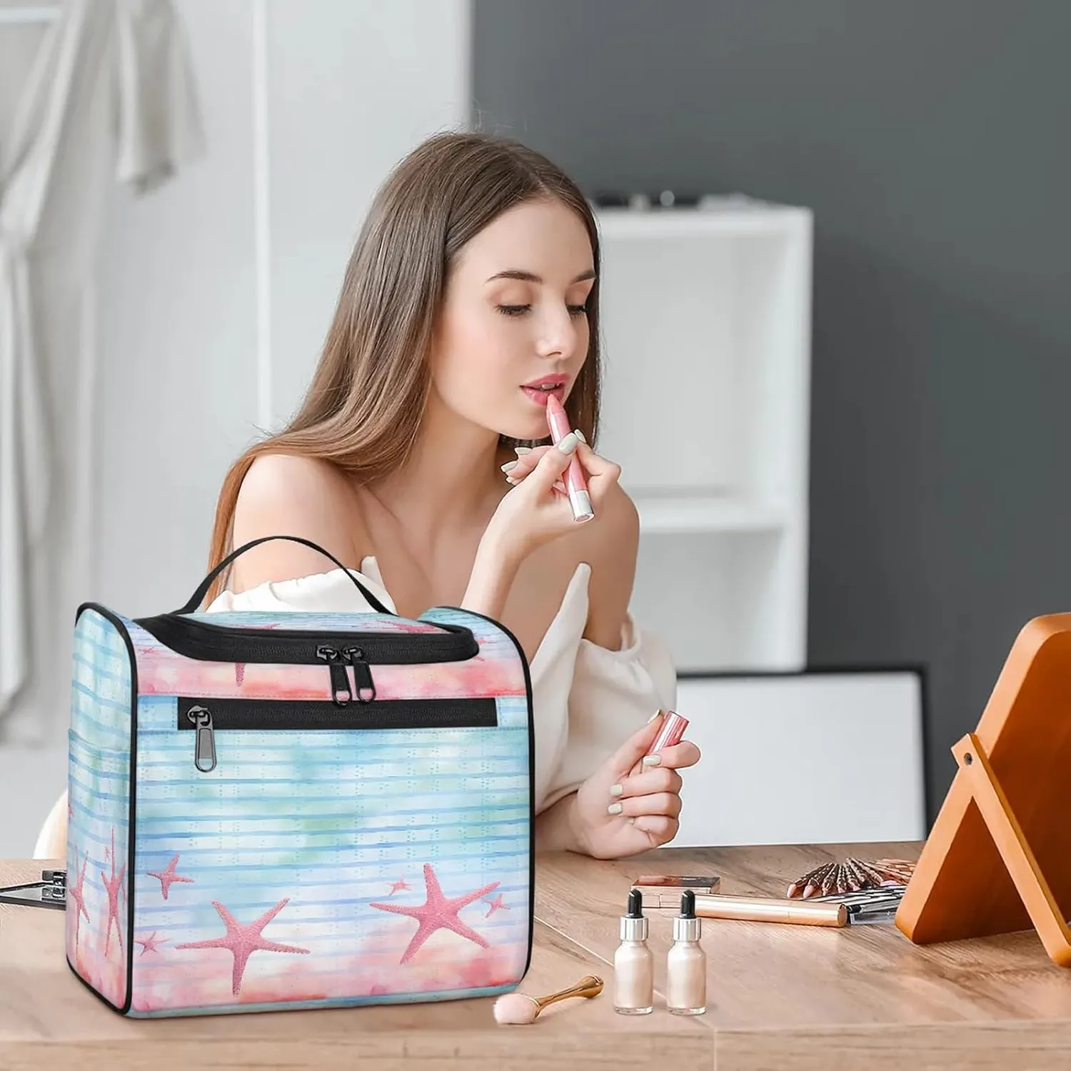 Sea Starfish Large Makeup Bag Travel Make Up Organizer for Women Girls Cosmetic Bag Organizer With Handle
