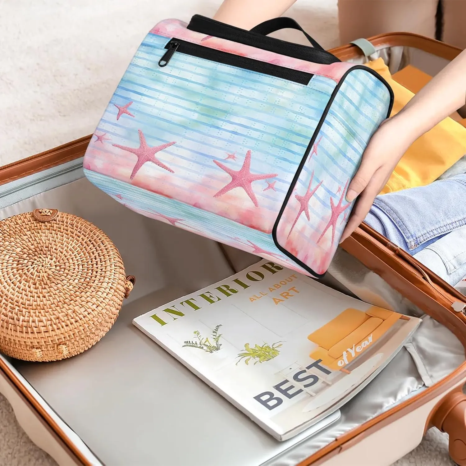 Sea Starfish Large Makeup Bag Travel Make Up Organizer for Women Girls Cosmetic Bag Organizer With Handle