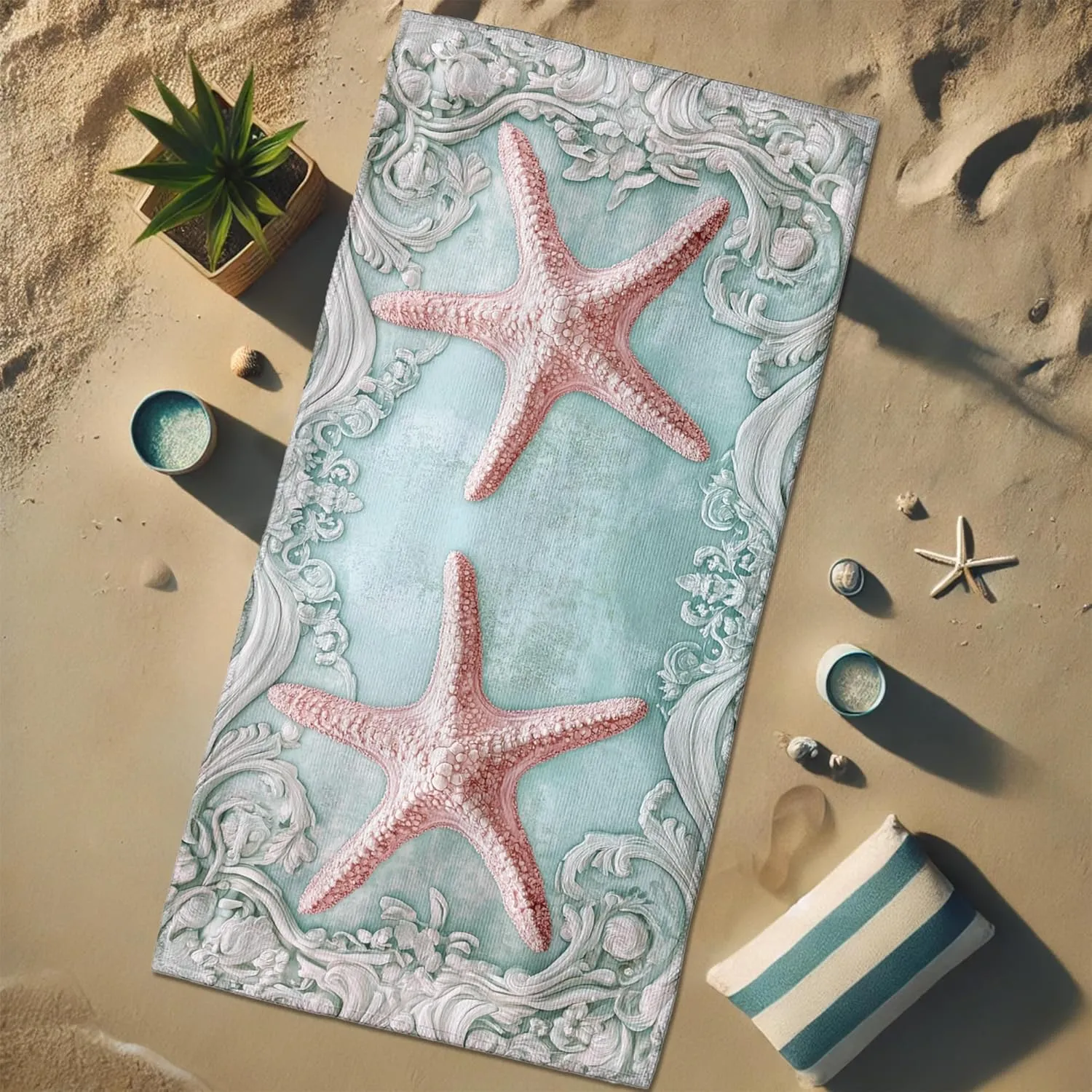 Seafoam Green Starfish Beach Towel Vintage Coastal Design, Quick Dry Soft Absorbent Sand Free Lightweight Beach Blanket, Summer Travel Pool Picnic Essentials 70x35 Inch