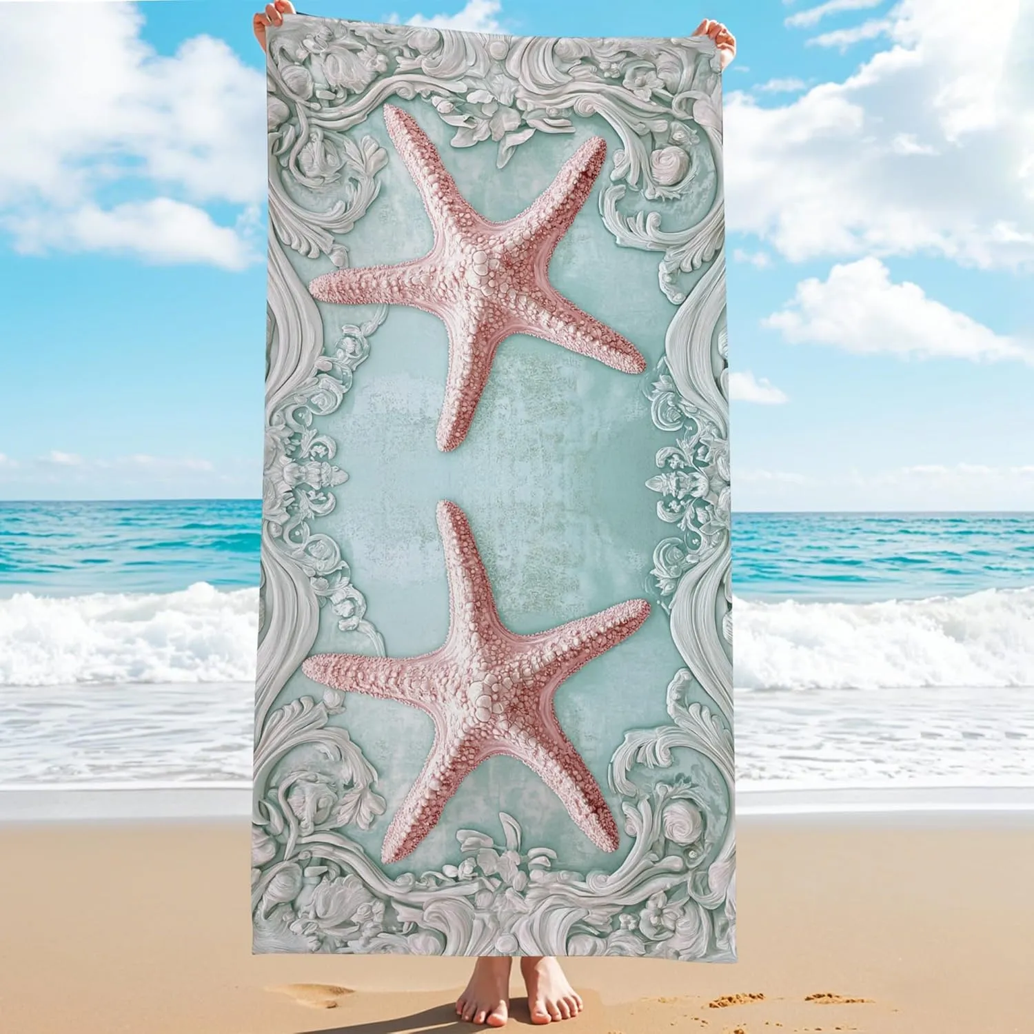 Seafoam Green Starfish Beach Towel Vintage Coastal Design, Quick Dry Soft Absorbent Sand Free Lightweight Beach Blanket, Summer Travel Pool Picnic Essentials 70x35 Inch