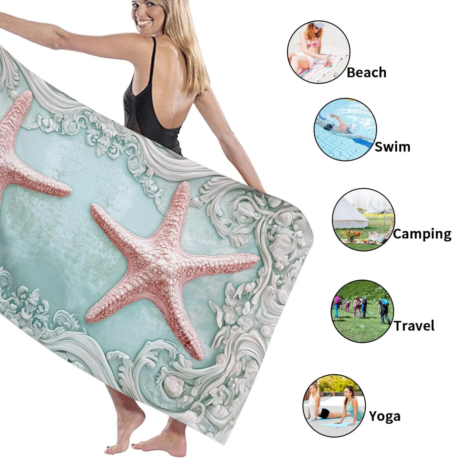 Seafoam Green Starfish Beach Towel Vintage Coastal Design, Quick Dry Soft Absorbent Sand Free Lightweight Beach Blanket, Summer Travel Pool Picnic Essentials 70x35 Inch