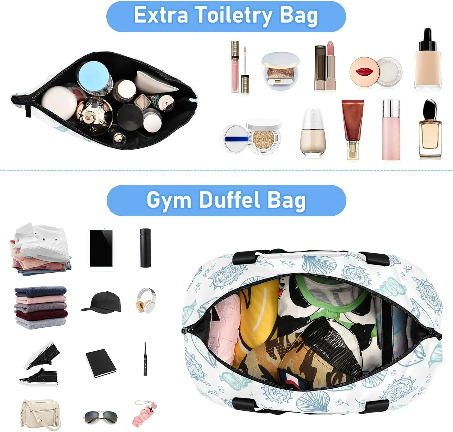 Seamless Turquoise Blue Seashells, Starfish, Seaweed, Corals Gym Duffel Bag, Polyester Travel Weekender Luggage Handbag with Waterproof Pocket for Wet Items, Unisex Foldable Tote for Sports