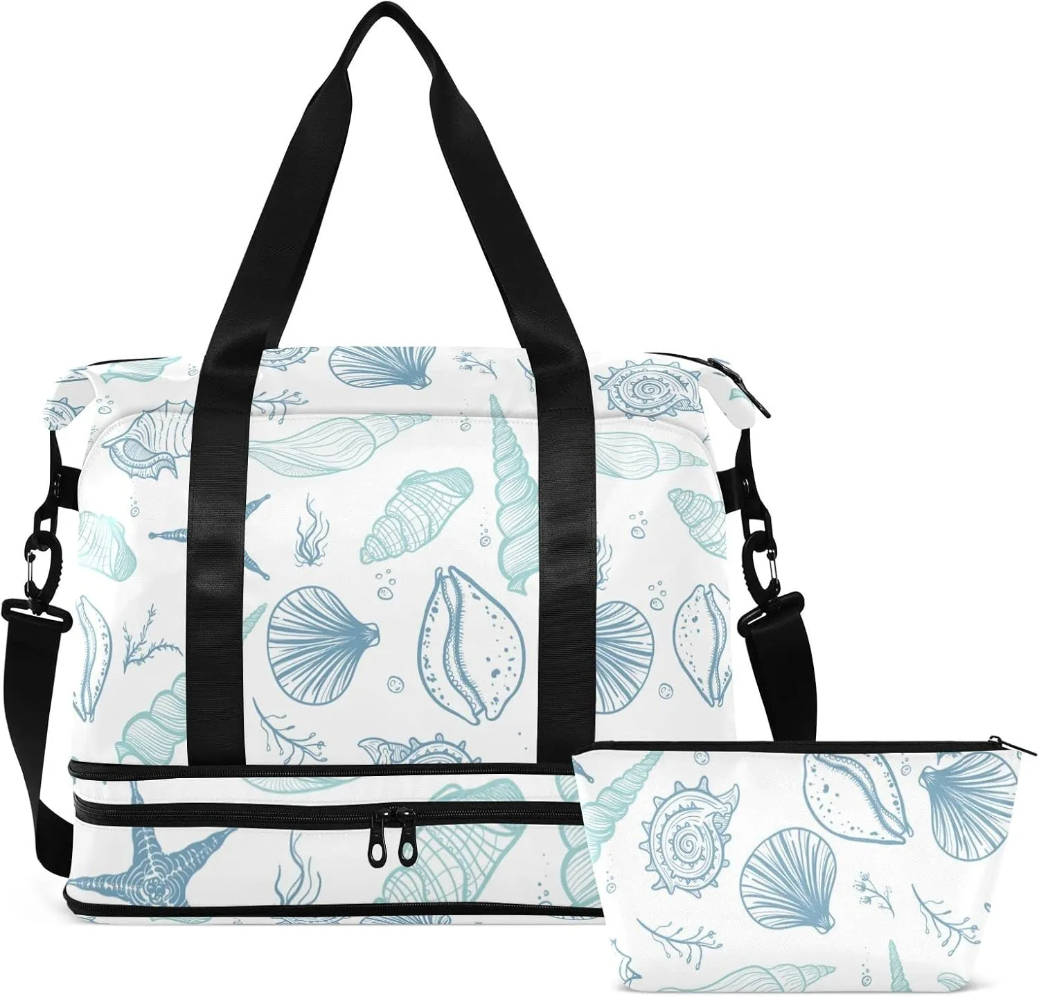 Seamless Turquoise Blue Seashells, Starfish, Seaweed, Corals Gym Duffel Bag, Polyester Travel Weekender Luggage Handbag with Waterproof Pocket for Wet Items, Unisex Foldable Tote for Sports