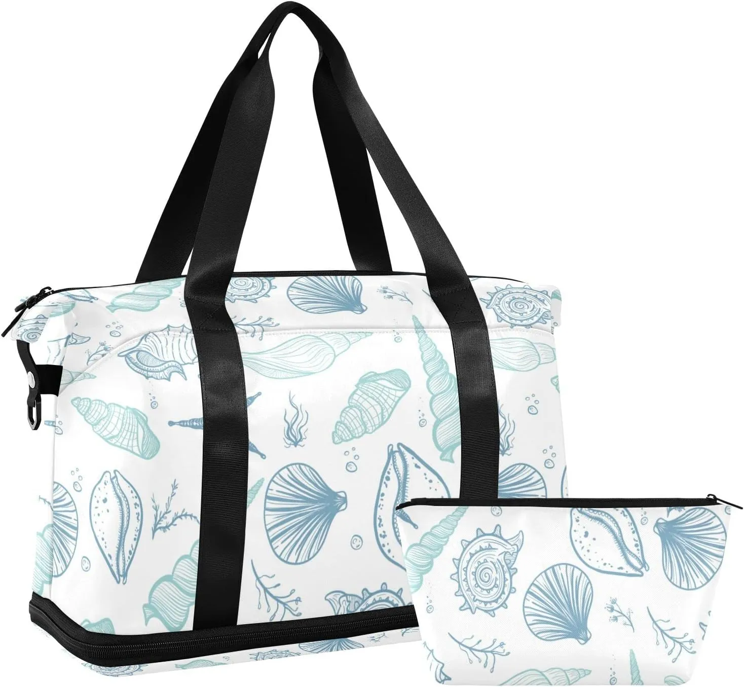 Seamless Turquoise Blue Seashells, Starfish, Seaweed, Corals Gym Duffel Bag, Polyester Travel Weekender Luggage Handbag with Waterproof Pocket for Wet Items, Unisex Foldable Tote for Sports