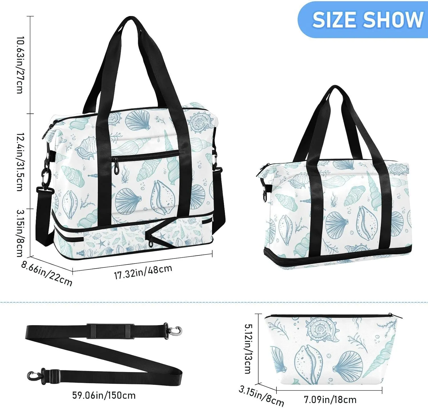 Seamless Turquoise Blue Seashells, Starfish, Seaweed, Corals Gym Duffel Bag, Polyester Travel Weekender Luggage Handbag with Waterproof Pocket for Wet Items, Unisex Foldable Tote for Sports