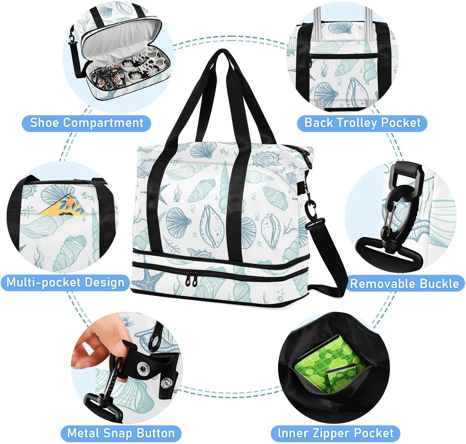 Seamless Turquoise Blue Seashells, Starfish, Seaweed, Corals Gym Duffel Bag, Polyester Travel Weekender Luggage Handbag with Waterproof Pocket for Wet Items, Unisex Foldable Tote for Sports