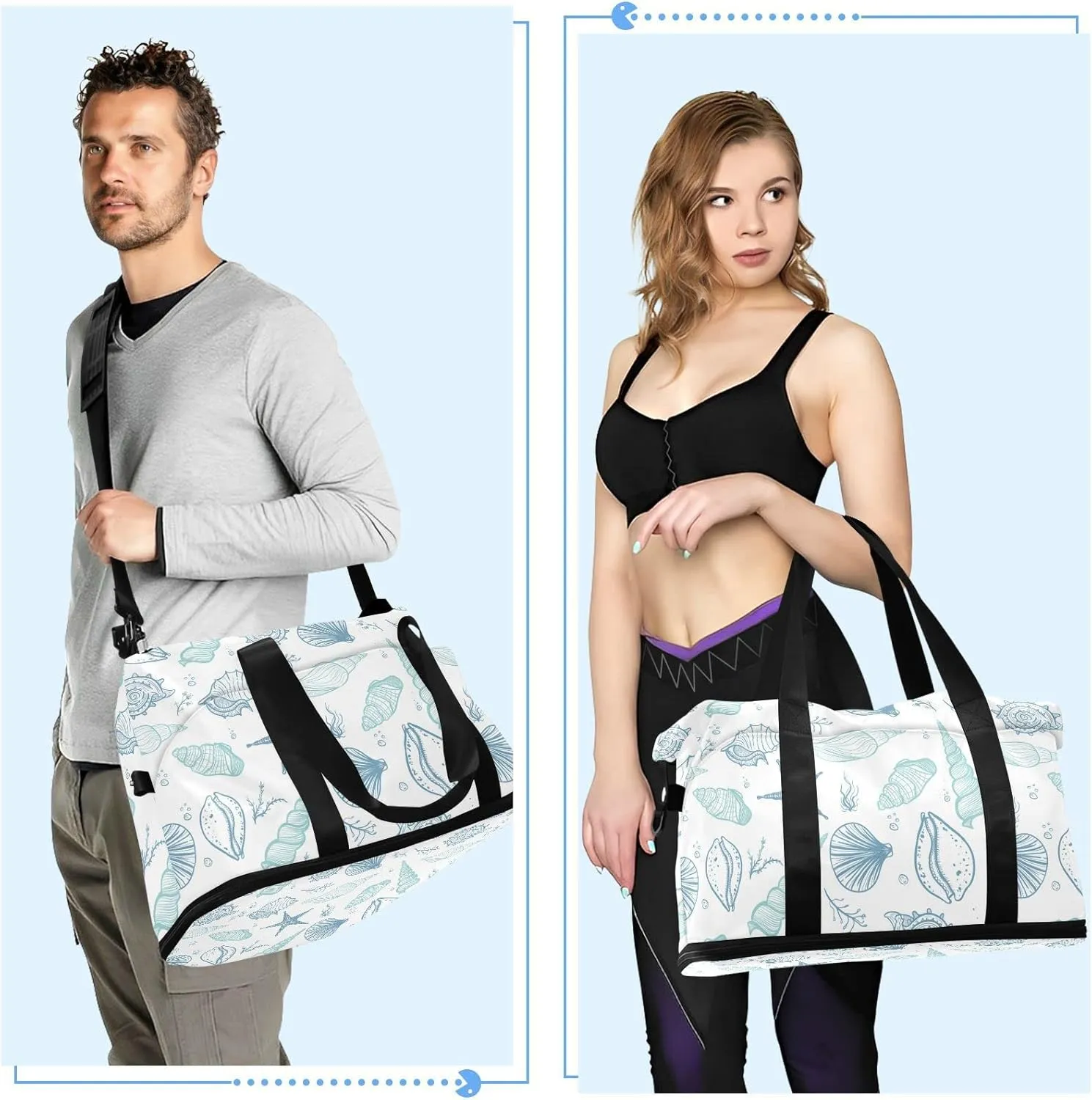 Seamless Turquoise Blue Seashells, Starfish, Seaweed, Corals Gym Duffel Bag, Polyester Travel Weekender Luggage Handbag with Waterproof Pocket for Wet Items, Unisex Foldable Tote for Sports