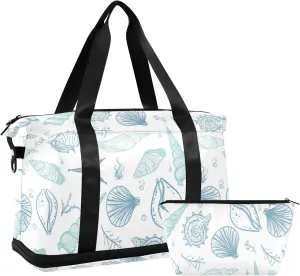 Seamless Turquoise Blue Seashells, Starfish, Seaweed, Corals Gym Duffel Bag, Polyester Travel Weekender Luggage Handbag with Waterproof Pocket for Wet Items, Unisex Foldable Tote for Sports