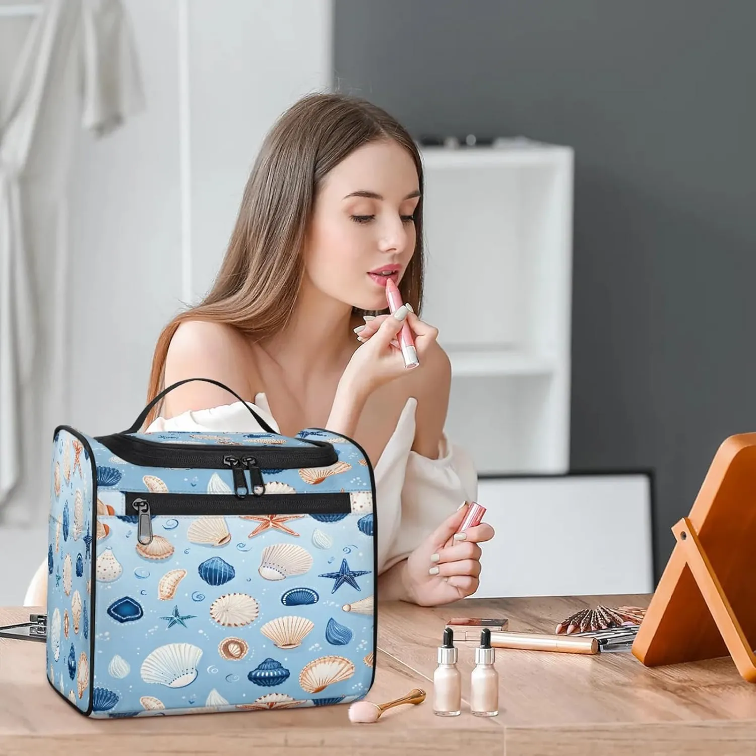 Seashell Starfish Large Makeup Bag Travel Make Up Organizer for Women Girls Cosmetic Bag Organizer With Handle
