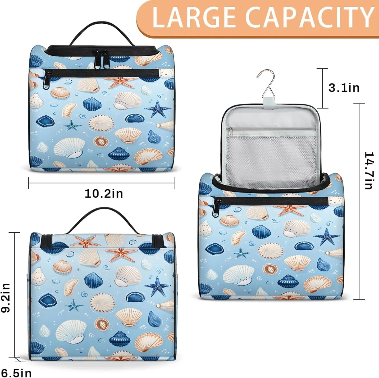 Seashell Starfish Large Makeup Bag Travel Make Up Organizer for Women Girls Cosmetic Bag Organizer With Handle