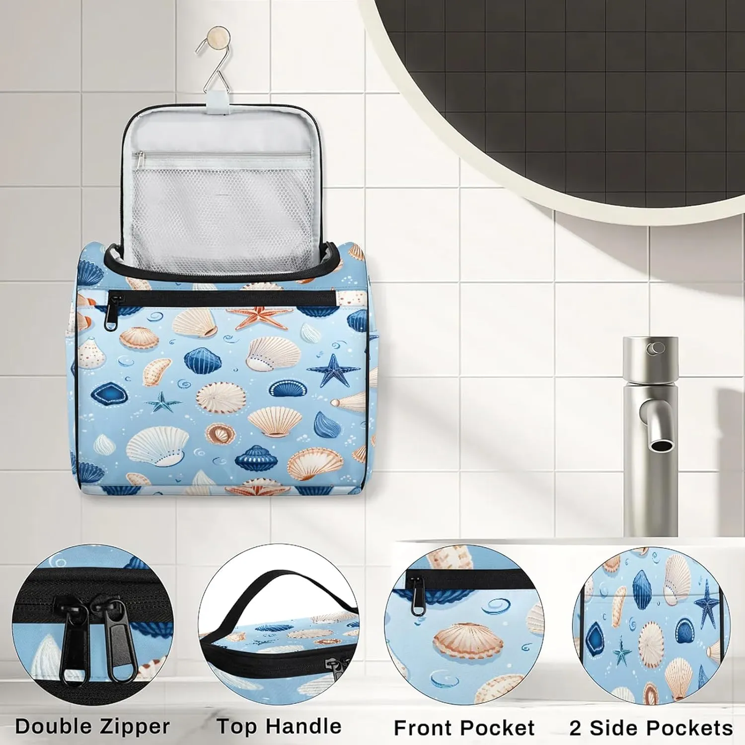 Seashell Starfish Large Makeup Bag Travel Make Up Organizer for Women Girls Cosmetic Bag Organizer With Handle