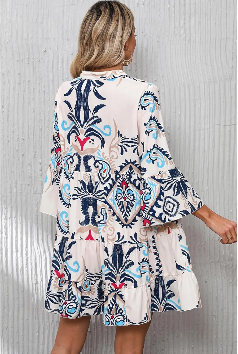SELINK Womens Long Sleeve Dresses Casual V Neck Tribal Print Button Flowy Boho Mini Beach Dress
