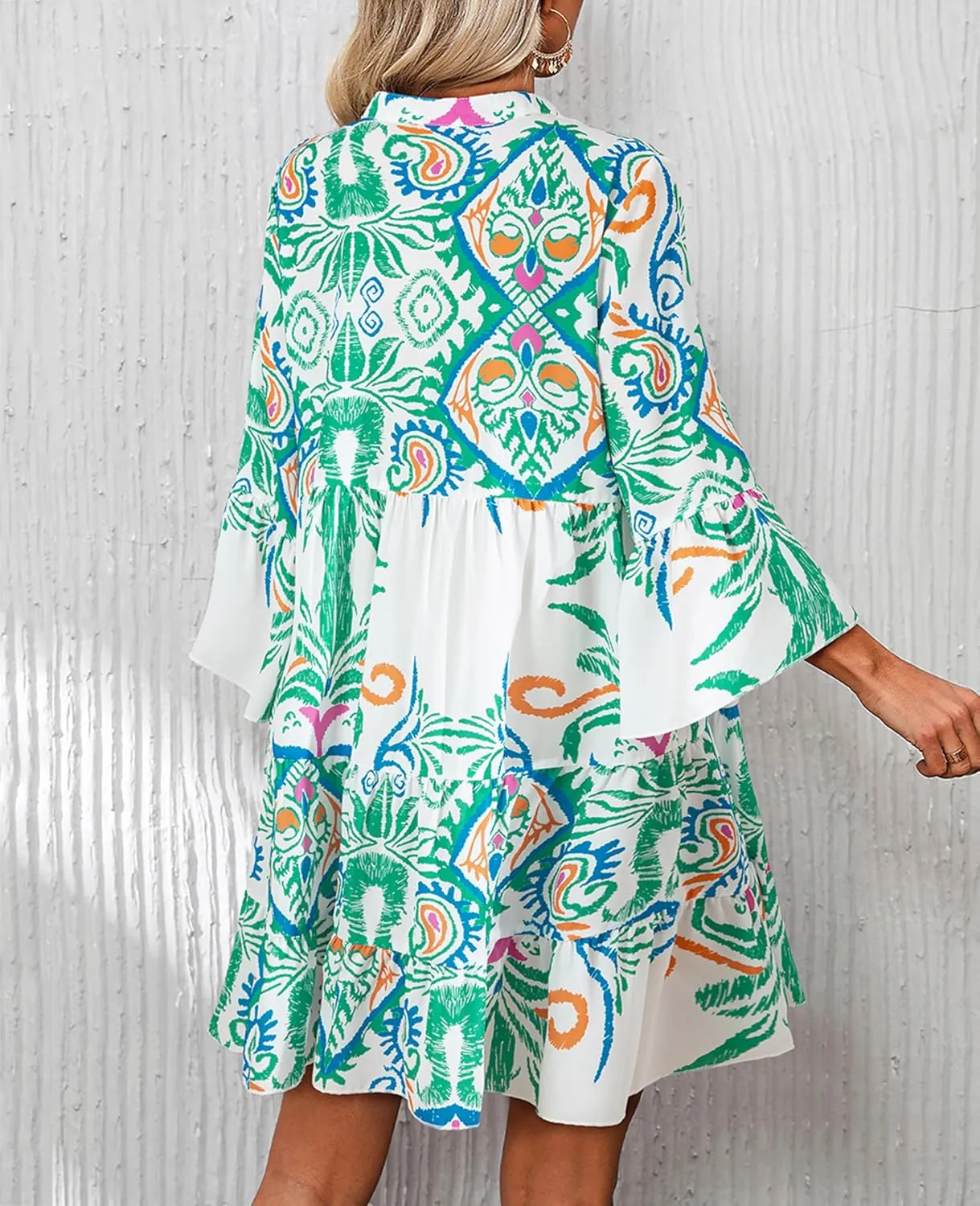 SELINK Womens Long Sleeve Dresses Casual V Neck Tribal Print Button Flowy Boho Mini Beach Dress