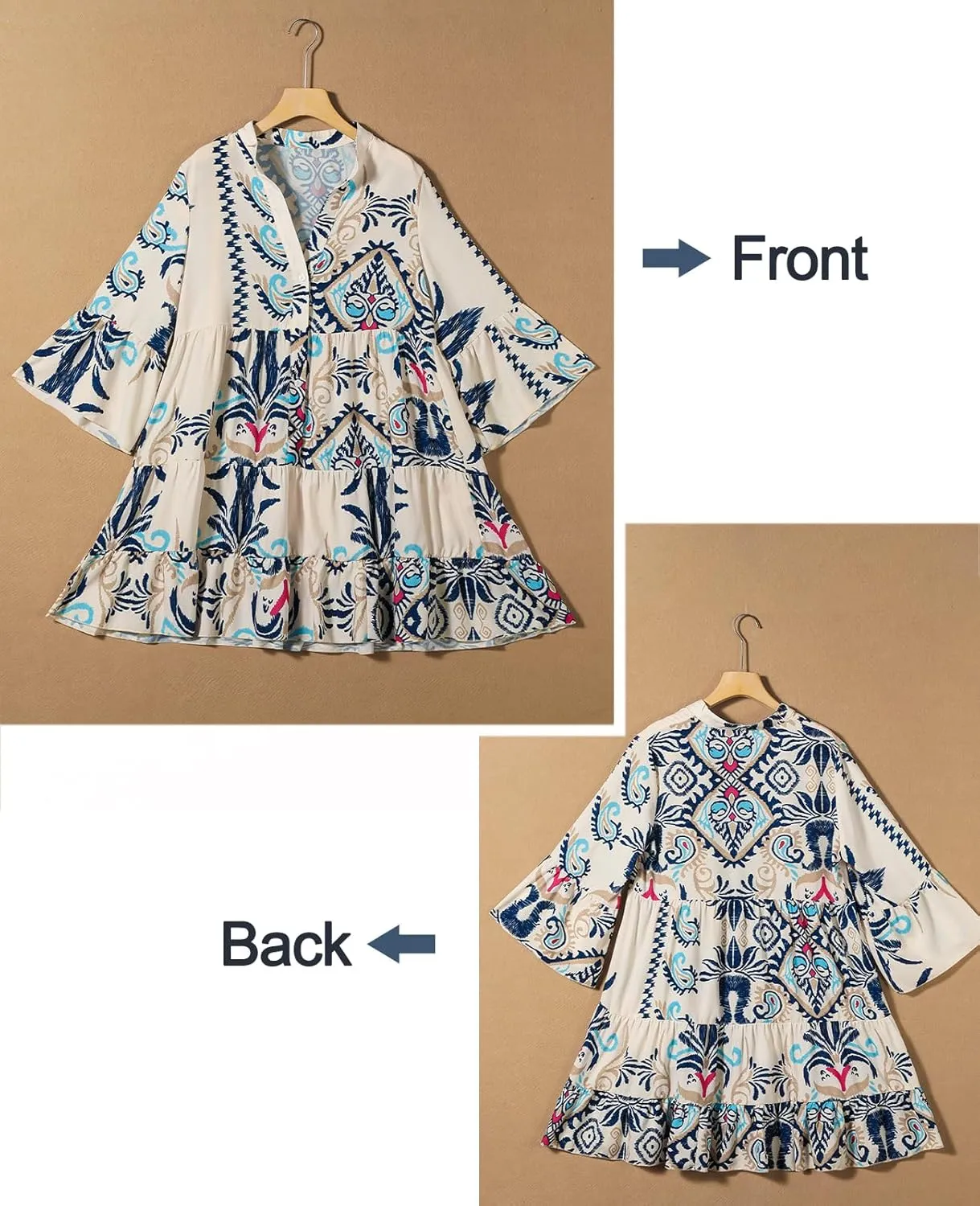 SELINK Womens Long Sleeve Dresses Casual V Neck Tribal Print Button Flowy Boho Mini Beach Dress