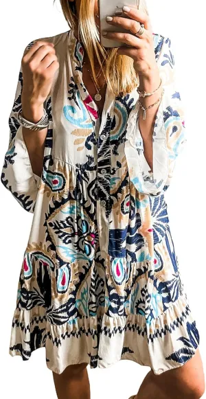 SELINK Womens Long Sleeve Dresses Casual V Neck Tribal Print Button Flowy Boho Mini Beach Dress