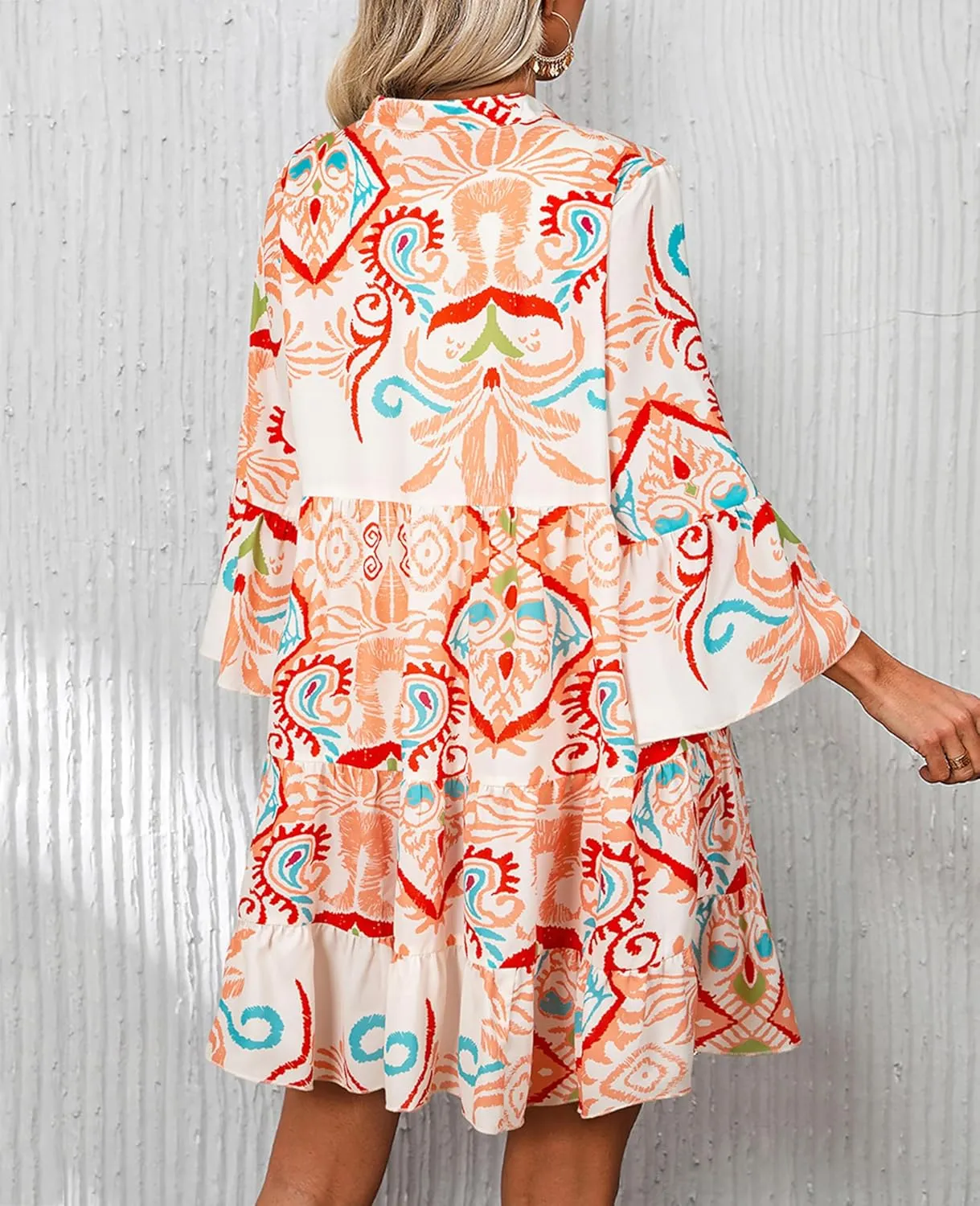 SELINK Womens Long Sleeve Dresses Casual V Neck Tribal Print Button Flowy Boho Mini Beach Dress