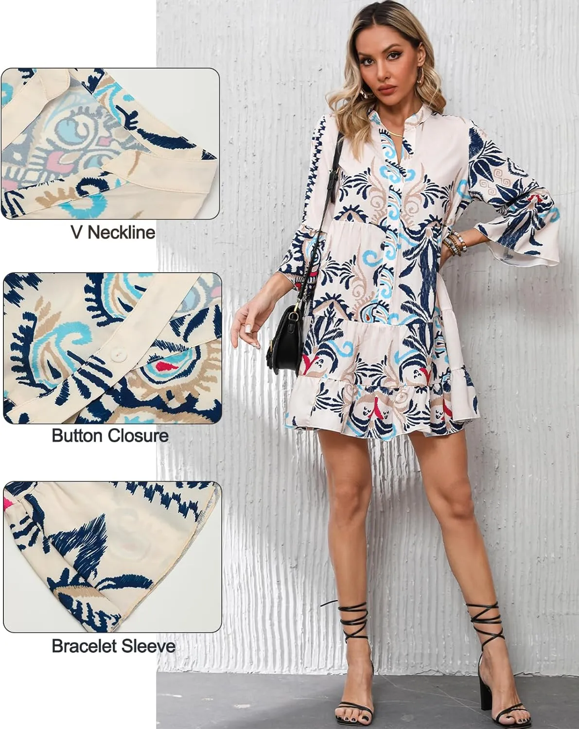 SELINK Womens Long Sleeve Dresses Casual V Neck Tribal Print Button Flowy Boho Mini Beach Dress