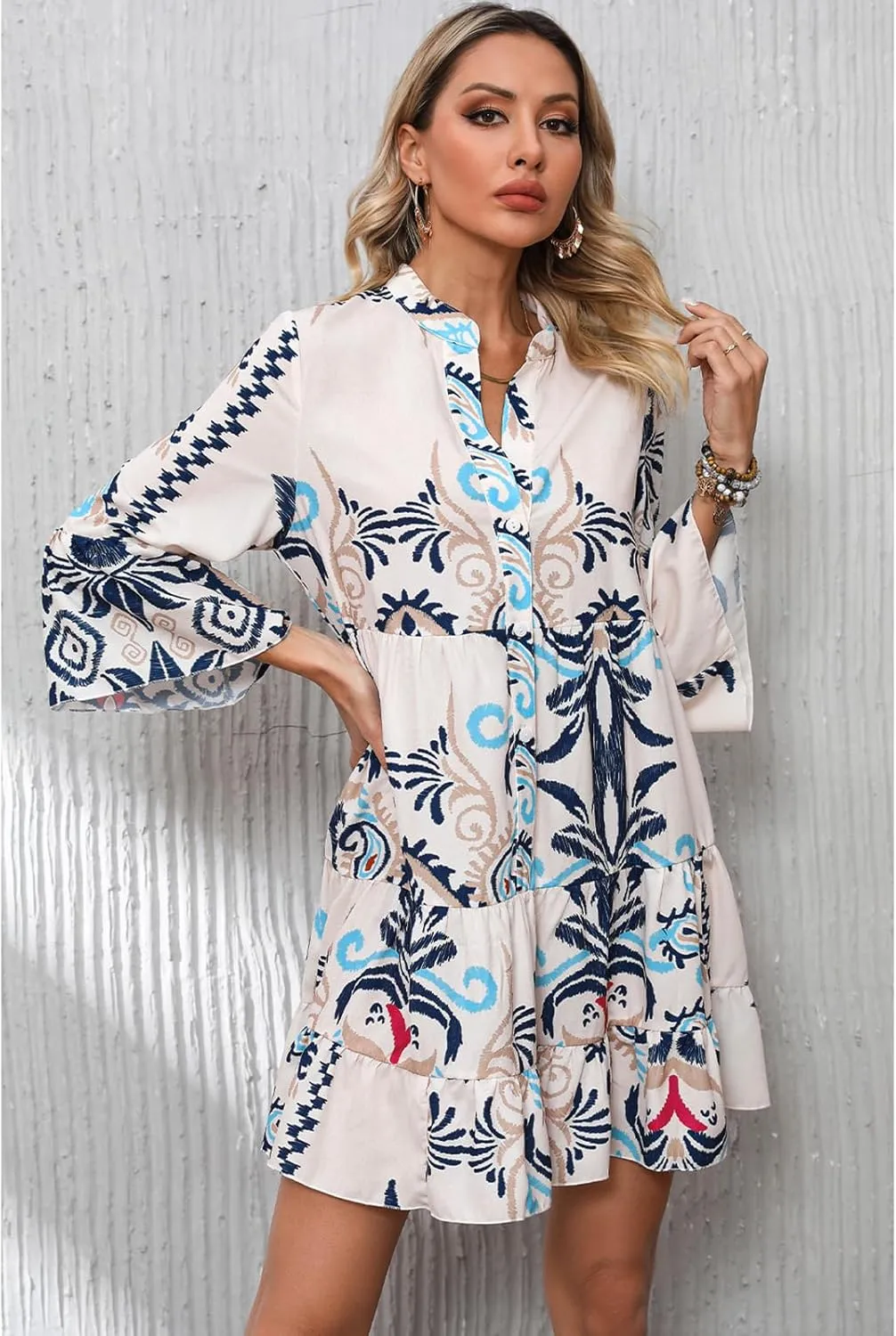 SELINK Womens Long Sleeve Dresses Casual V Neck Tribal Print Button Flowy Boho Mini Beach Dress
