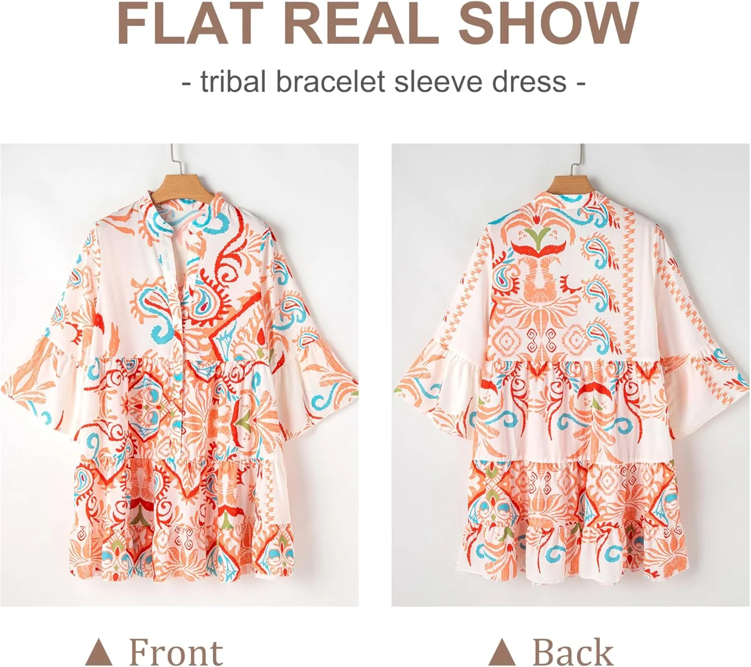 SELINK Womens Long Sleeve Dresses Casual V Neck Tribal Print Button Flowy Boho Mini Beach Dress