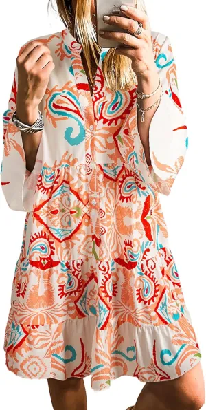 SELINK Womens Long Sleeve Dresses Casual V Neck Tribal Print Button Flowy Boho Mini Beach Dress