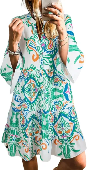 SELINK Womens Long Sleeve Dresses Casual V Neck Tribal Print Button Flowy Boho Mini Beach Dress