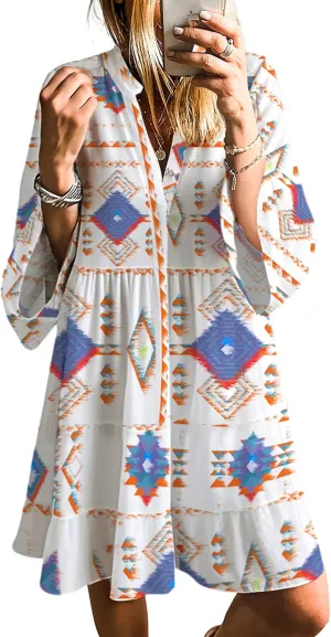 SELINK Womens Long Sleeve Dresses Casual V Neck Tribal Print Button Flowy Boho Mini Beach Dress