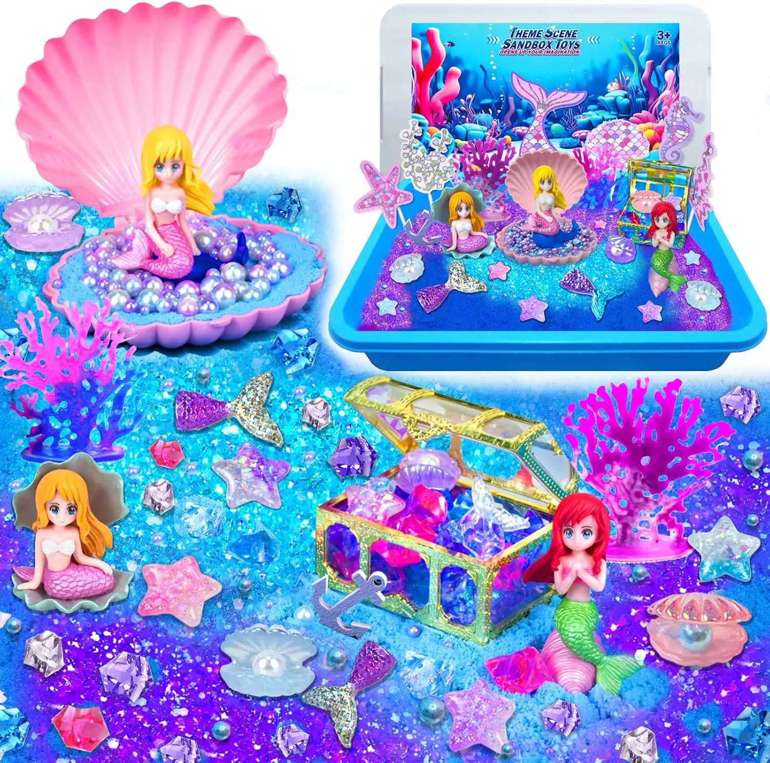 Sensory Bins for Toddlers,Sensory Toys Play Sand Art Kit with Sandbox & Sand Castle Molds & Tools,Indoor Outdoor Beach Toys for Boys and Girls Christmas Birthday Gift (Mermaid Paradise)