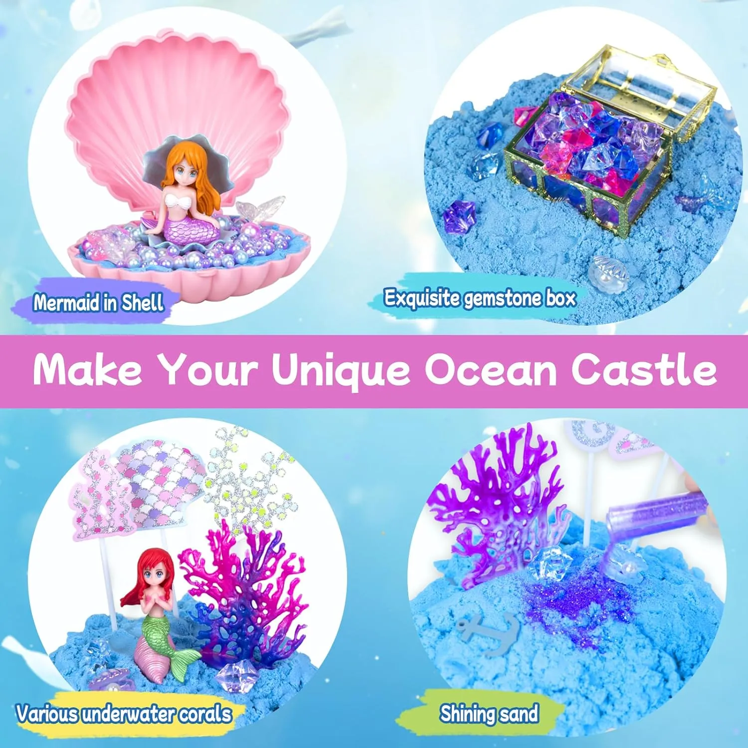 Sensory Bins for Toddlers,Sensory Toys Play Sand Art Kit with Sandbox & Sand Castle Molds & Tools,Indoor Outdoor Beach Toys for Boys and Girls Christmas Birthday Gift (Mermaid Paradise)