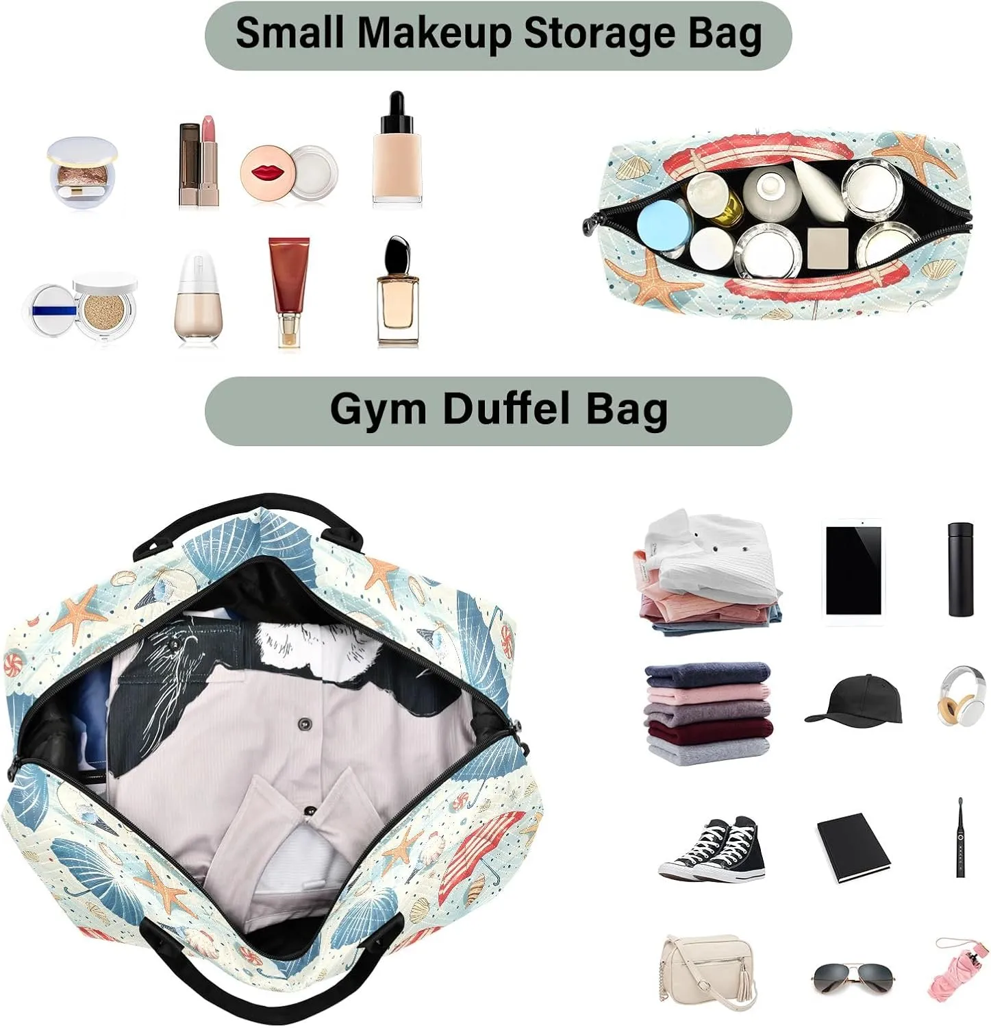 senya Weekender Bags Travel Duffel Gym Bag Coastal Seashells Starfish Seagulls Carry on Overnight Tote Bag with Toiletry Bag for Airplane Travel Trip Gym Yoga, g368736066p1006c1071s2442