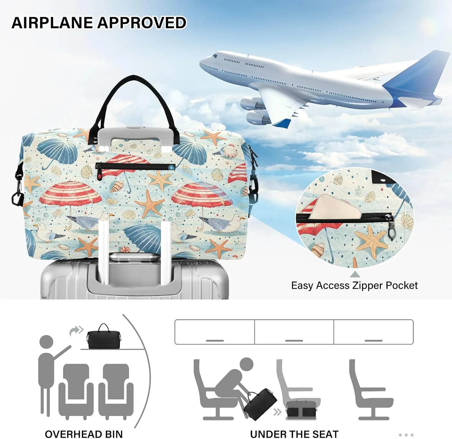 senya Weekender Bags Travel Duffel Gym Bag Coastal Seashells Starfish Seagulls Carry on Overnight Tote Bag with Toiletry Bag for Airplane Travel Trip Gym Yoga, g368736066p1006c1071s2442