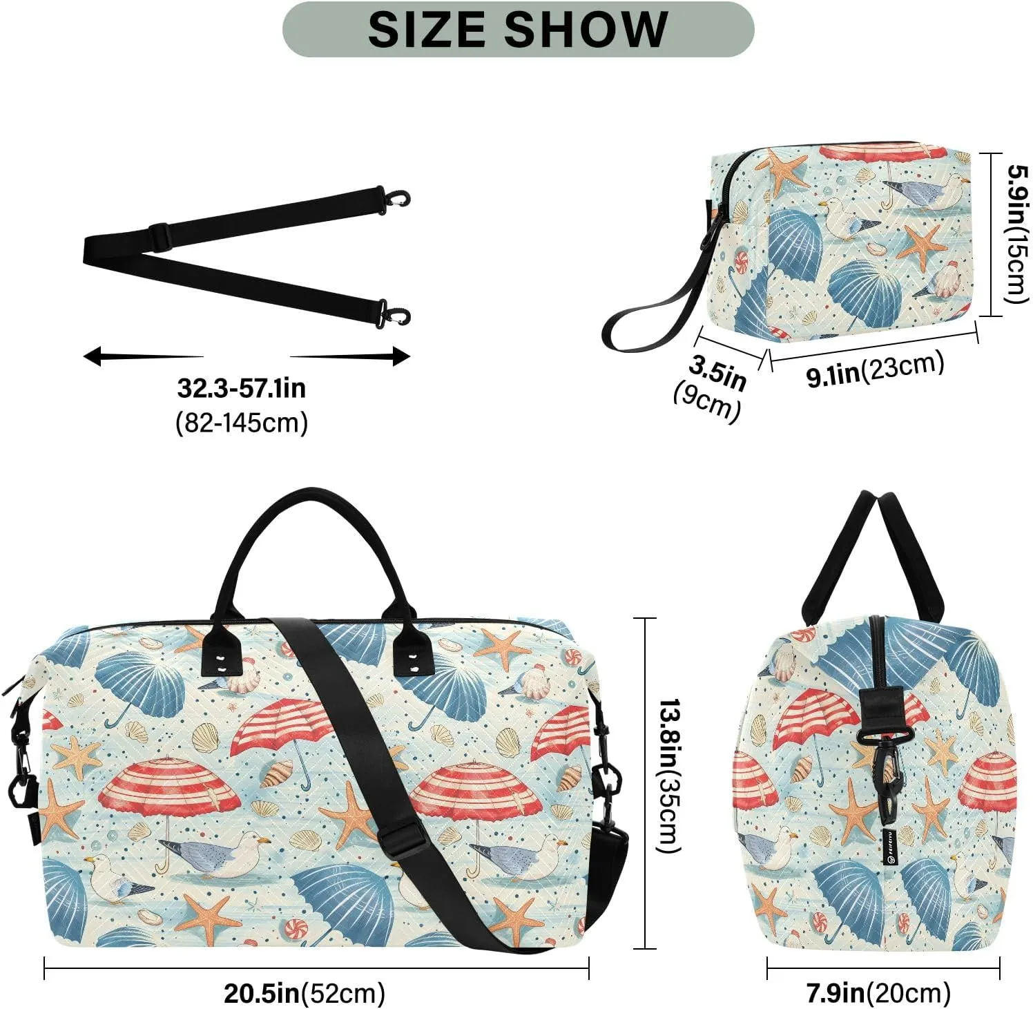 senya Weekender Bags Travel Duffel Gym Bag Coastal Seashells Starfish Seagulls Carry on Overnight Tote Bag with Toiletry Bag for Airplane Travel Trip Gym Yoga, g368736066p1006c1071s2442