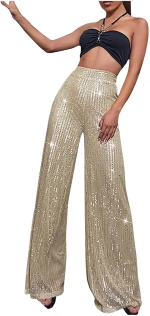 Sequin Pants for Women High Waist Palazzo Pants Long Culottes Glitter Wide Leg Pants Bling Party Clubwear Trousers