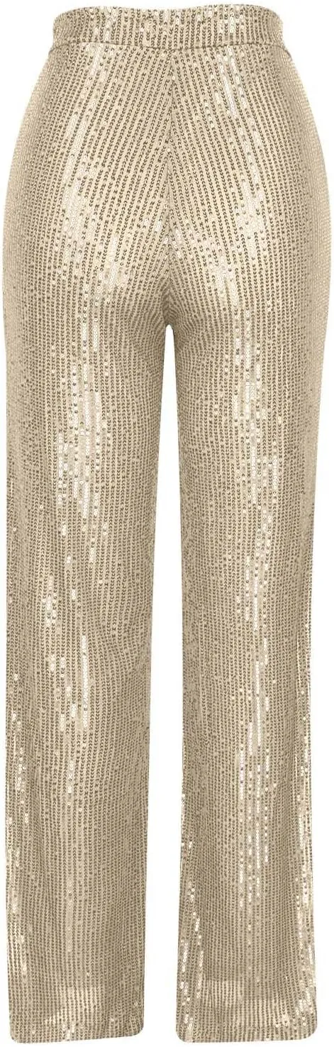Sequin Pants for Women High Waist Palazzo Pants Long Culottes Glitter Wide Leg Pants Bling Party Clubwear Trousers