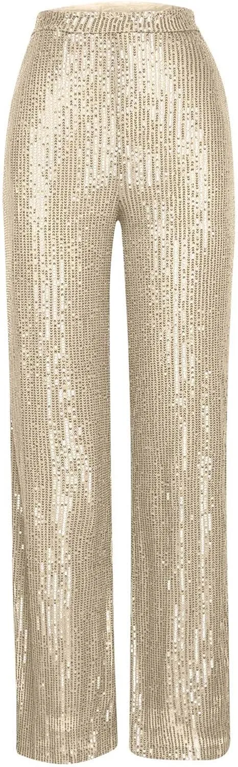 Sequin Pants for Women High Waist Palazzo Pants Long Culottes Glitter Wide Leg Pants Bling Party Clubwear Trousers