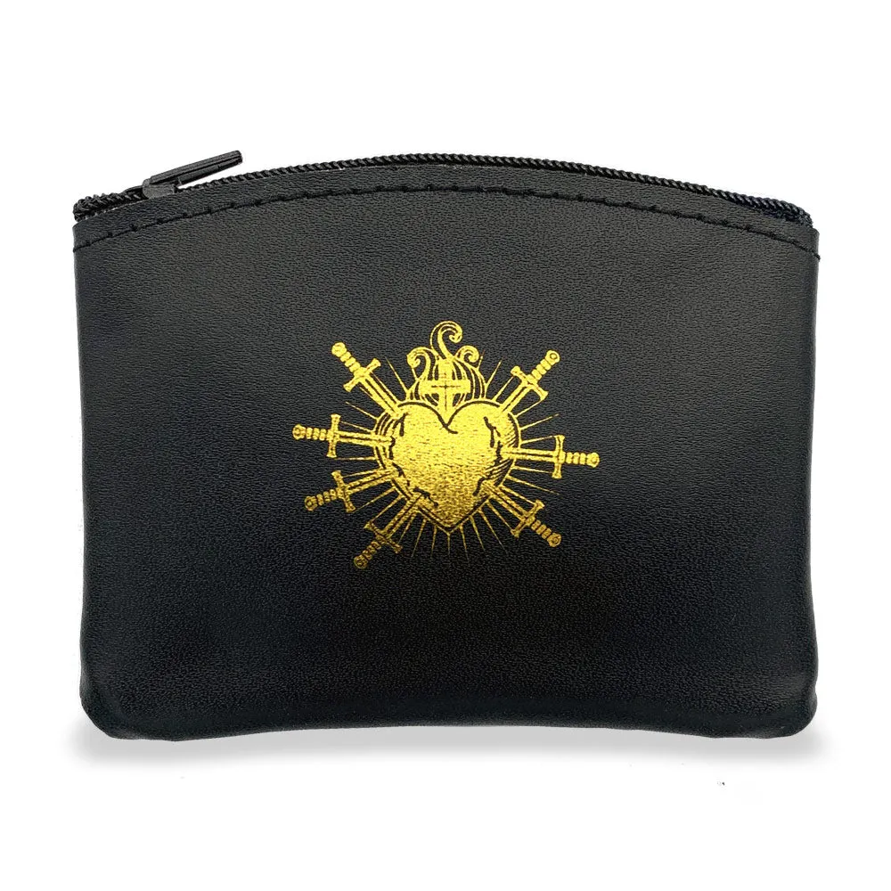 Seven Sorrows Rosary Pouch Genuine Leather with Zipper - Black