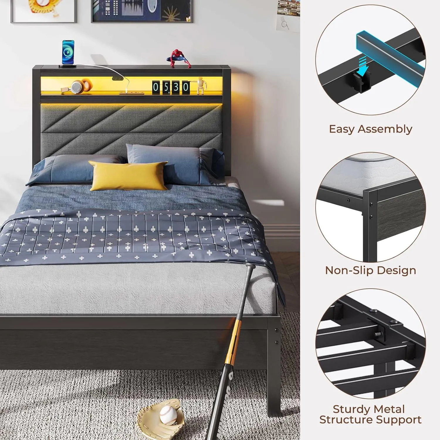 Seventable Bed Frame Twin Size with Charging Station, LED Bed with Upholstered Storage Headboard, Metal Platform Bed with Under Bed Storage, No Box Spring Needed, Noise Free, Easy Assembly, Grey