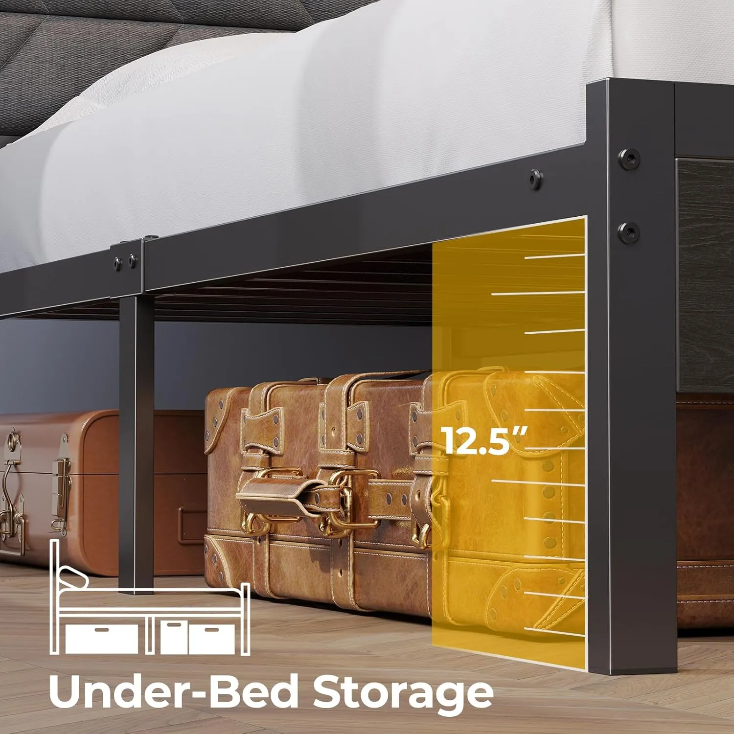 Seventable Bed Frame Twin Size with Charging Station, LED Bed with Upholstered Storage Headboard, Metal Platform Bed with Under Bed Storage, No Box Spring Needed, Noise Free, Easy Assembly, Grey
