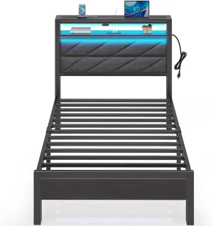 Seventable Bed Frame Twin Size with Charging Station, LED Bed with Upholstered Storage Headboard, Metal Platform Bed with Under Bed Storage, No Box Spring Needed, Noise Free, Easy Assembly, Grey