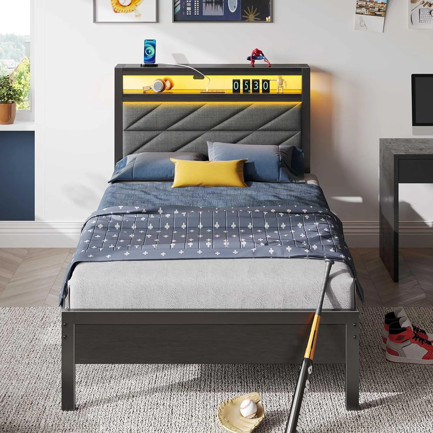 Seventable Bed Frame Twin Size with Charging Station, LED Bed with Upholstered Storage Headboard, Metal Platform Bed with Under Bed Storage, No Box Spring Needed, Noise Free, Easy Assembly, Grey