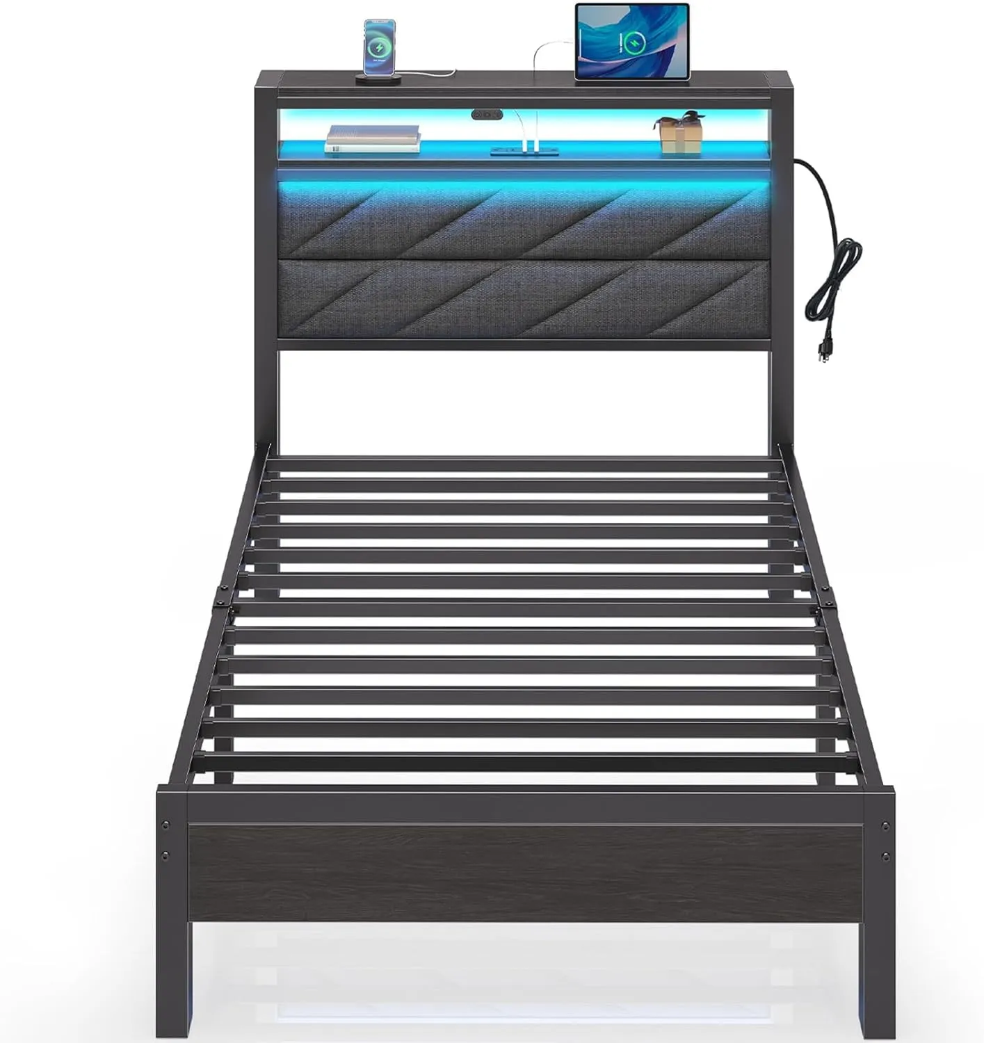 Seventable Bed Frame Twin Size with Charging Station, LED Bed with Upholstered Storage Headboard, Metal Platform Bed with Under Bed Storage, No Box Spring Needed, Noise Free, Easy Assembly, Grey