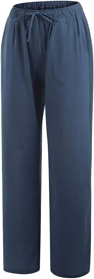 SHAOBGE Plus Size Linen Pants for Women Elastic Wide Leg Drawstring Casual Solid Women Cotton Long Trendy Pants