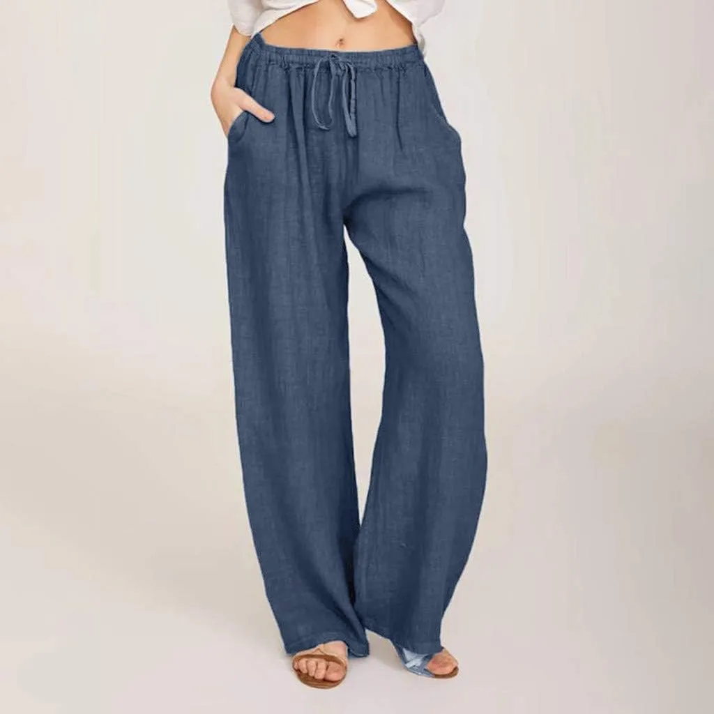 SHAOBGE Plus Size Linen Pants for Women Elastic Wide Leg Drawstring Casual Solid Women Cotton Long Trendy Pants